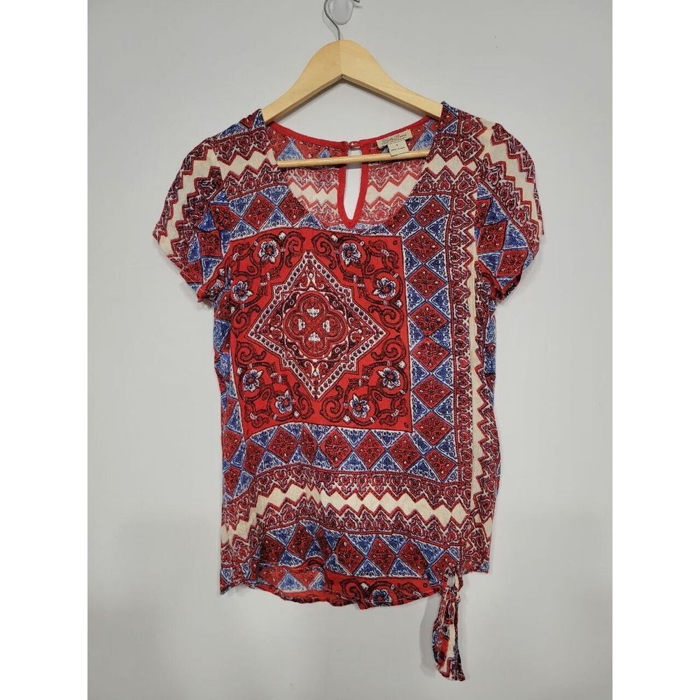 Lucky Brand Geometric Tie‎ Waist Short Sleeve Blouse Women's Small